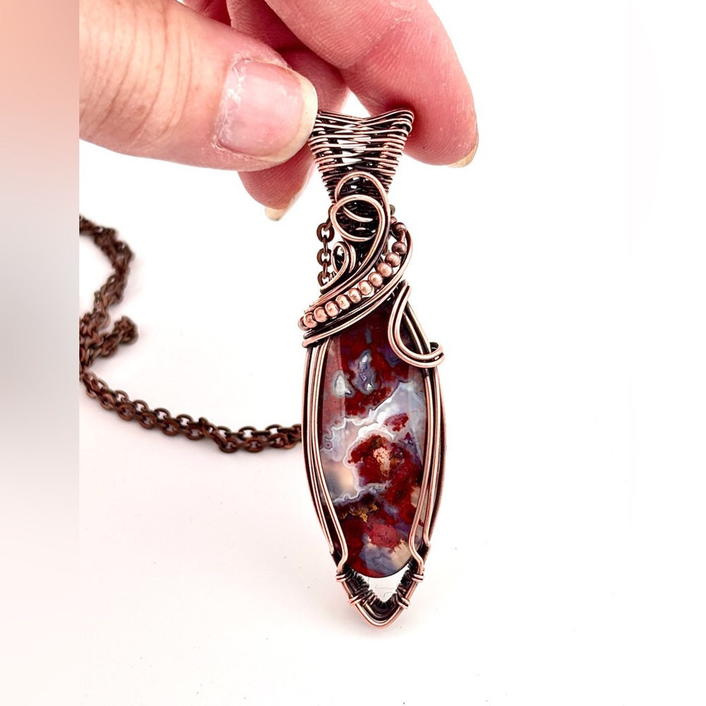 HAND CRAFTED Mohave Red Plume Agate Copper Wire Wrapped Pendant Necklace